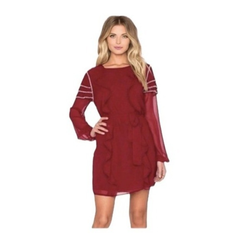 Tularosa Bowie Beaded Dress Maroon Burgundy Sheer‎ Chiffon Mini Long Sleeve XS
